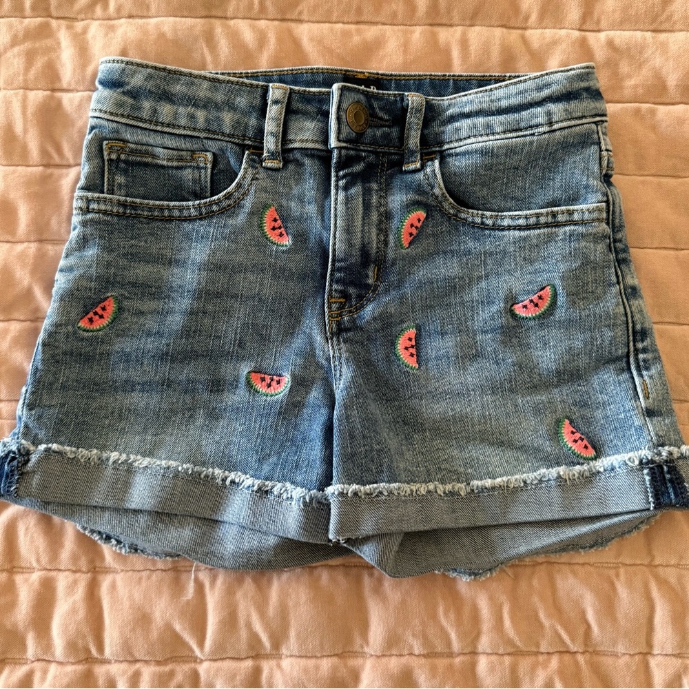 GAP Blue Jean Shorts Distressed Cuffed Hem embroidered watermelons